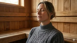 A serene woman resting in a traditional wooden interior, highlighting the comfort and relaxation provided by massage therapy.