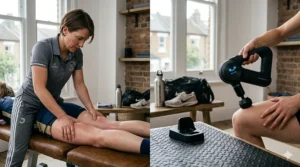 Infographic comparing the depth of pressure between manual sports massage and an electric deep tissue massager.