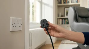 A photorealistic close-up view in the same sunlit British living room, where a person’s hand is holding and inspecting the black power cord and a fused matte-black UK power plug, checking for any damage near a wall socket by the sash window.