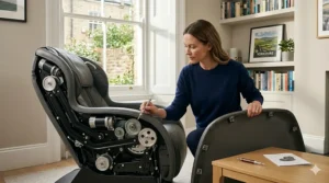 A detailed photorealistic view of the internal mechanics of a massage chair in a sunlit living room, where a woman is precisely lubricating the exposed SL-track roller gears and motor components.