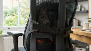 A detailed photorealistic rear-view illustration showing two adjustable elastic straps securing the kneading massage cushion to the frame of an ergonomic office chair, with a close-up on the quick-release buckle.