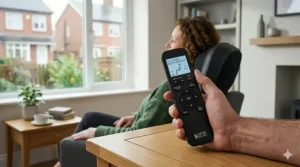 A 4K photorealistic photograph focusing on the remote control handset, held in a man’s hand, which clearly displays 'NECK SHIATSU' and controls for the 3D massage and heat functions.