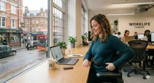 Side-by-side posture chart contrasting a slouched desk worker with someone sitting upright using a lumbar massager for an office chair.