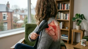 A British athlete in a home gym using a deep tissue massager on their lats after a training session.