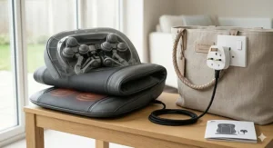 Lightweight 4D back massager shown with a standard UK 3-pin power adapter for home use.