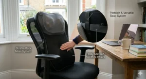 A compact shiatsu back massager secured to a standard UK office swivel chair with adjustable straps.