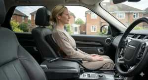 A view looking into the cabin of a parked car from above, showing the black 'Remedy' lumbar massager secured to the driver's seat by its straps.