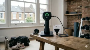The long-lasting battery indicator on a portable deep tissue massager for athletes featuring a UK power adapter.