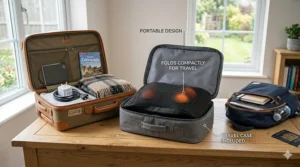 A portable back massager packed into a grey travel case next to an open suitcase containing a tartan blanket and a British passport.