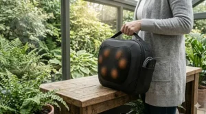 A woman in a grey cardigan carrying a black heated massage cushion by its integrated top handle, demonstrating its lightweight design inside a bright conservatory.