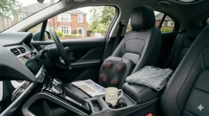 A portable kneading back massager positioned on a car seat, ideal for long commutes or UK road trips.