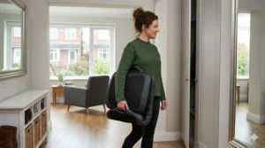 A photorealistic 4K photograph featuring a woman in a contemporary hallway, holding the folded 3D massage chair cushion by its integrated, padded carry handle near the neck section.