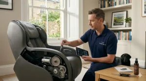 A high-definition, photorealistic 4K photograph taken in a sunlit British living room, capturing a professional technician wearing a CHAIRCARE UK polo shirt kneeling beside the identical dark grey massage chair, conducting an annual maintenance check.