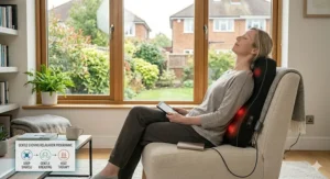 A woman in comfortable loungewear completely relaxed with her back against the massaging nodes, eyes closed, with a soft mug in her lap, indicating evening relaxation.