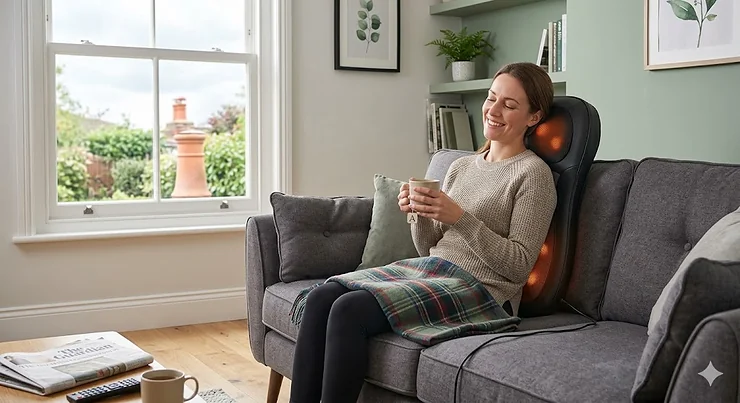 A person relaxing on a grey sofa in a modern British living room using a shiatsu back massager with heat for lower back pain relief. shiatsu back massager