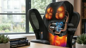 A cross-section diagram of an office chair showing the internal mechanical gears and glowing orange Shiatsu massage nodes of a heated back massager.