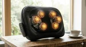 A technical, photorealistic cutaway view of the heated massage cushion, revealing the intricate internal gear mechanism and mechanical rotating shiatsu nodes lit with golden heat.