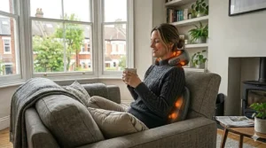 An ergonomic lower back and neck massager providing targeted muscle relief to a woman sitting on a sofa.