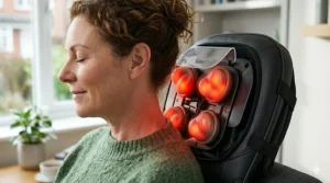 A 3D shiatsu massage seat cushion, with its black mesh and textured leather panels, being used on an ergonomic office chair for back support during a workday.