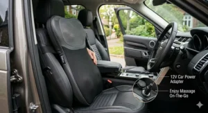 Illustration showing the massager being used in a car seat with a 12V UK power adapter.