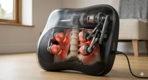 A photorealistic illustration showing the deep-tissue Shiatsu nodes of the 'Remedy' massager pressing into the lumbar muscles of a transparent human back model.