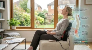 A composite photograph of a woman relaxing in an armchair, with a clear blue anatomical overlay of a perfectly aligned human spine next to her, demonstrating posture correction.