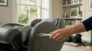 A high-resolution, photorealistic close-up view taken in a sunlit British living room, where a woman’s hand, wearing a simple wedding ring, carefully uses a precision ratchet screwdriver to tighten an external hex-head bolt on the lower external dark grey side panel of the massage chair to secure the frame.