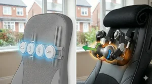 A high-definition 4K photorealistic side-by-side comparison illustrating the simple movement of standard flat massage rollers versus the multi-axial, deep-reaching reach of the 3D shiatsu nodes.