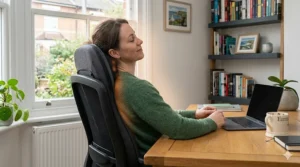 A photorealistic 4K detailed illustration of the UK 3-pin mains power adapter plug, labeled "UK 3-PIN" and "FUSED," inserted into a standard white British wall socket. A long black cable leads away, illustrating how the kneading massage cushion is powered from floor-level sockets in a UK home office. Diffused natural light highlights the safety markings.