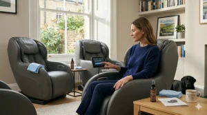 A high-definition photograph set in a modern showroom environment with natural daylight, featuring a woman identical to the previous images, seated in a dark grey leather massage chair and using its built-in touchscreen remote to initiate a software update for the chair's massage programmes.