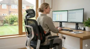 A focused portrait of a woman working from home, seated comfortably in an ergonomic office chair with the 'Remedy' lumbar massager providing lower back support whilst she uses her computer.