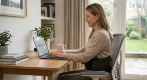 A remote worker sitting on an office chair with a lower back heat therapy massager strapped on to prevent stiffness during the workday.