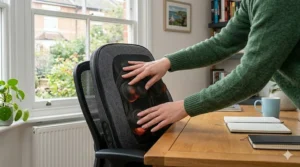 A photorealistic 4K detailed illustration focusing on a woman experiencing stress relief and wellbeing in her UK home office. From a back perspective, she is relaxed in her ergonomic chair, fitted with the heated kneading massage cushion, eyes closed, enjoying the relief. The specific environment, including the large window with the garden view and the 'Emma Bridgewater' mug from image_0.png, is visible but softly blurred to create a calm atmosphere. Natural daylight highlights her expression and the textures.