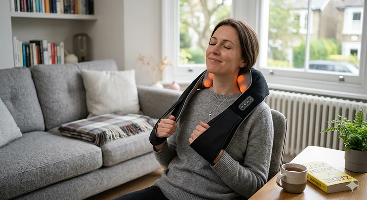 Black 3D kneading neck massager with ergonomic handles and integrated control panel.