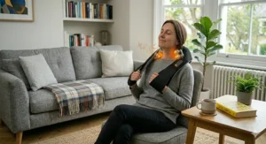 User adjusting the straps for a secure fit of the neck massager.