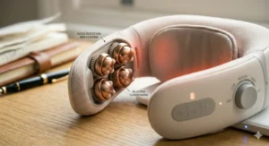 Detailed view showing the adjustable rotating nodes of the neck massage device.