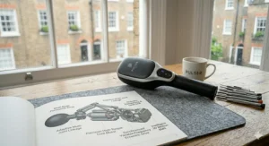 Athlete using a professional deep tissue massager to aid recovery in calf muscles.