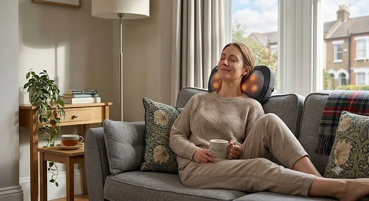 A premium kneading massage pillow providing a soothing Shiatsu massage to a person relaxing on a sofa at home. kneading massage pillow