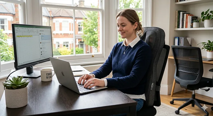 ealistic shot of an ergonomic massage cushion fitted to a professional office chair in a modern UK home office setting, highlighting integrated lumbar support and heating elements. massage cushion for office chair