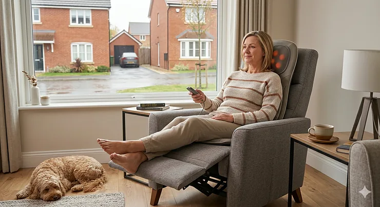 A woman relaxing on a living room recliner chair with a massage cushion, enjoying the comfort of her home. massage cushion for office chair