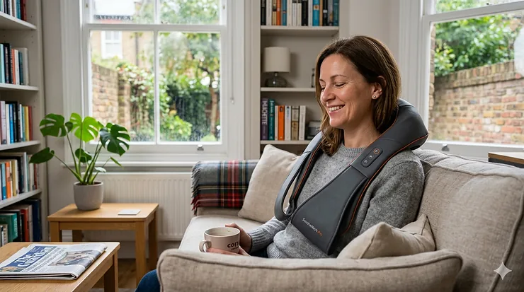 Person finding relief using a professional-grade neck massager for chronic pain at home.