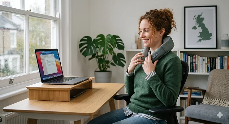 Person using a portable neck massager while working at a desk to relieve tech neck. neck massager for tech neck