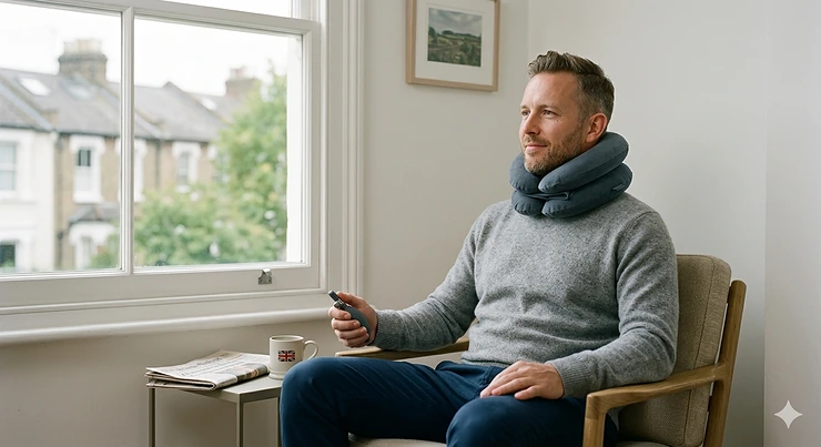 A person wearing a comfortable, adjustable neck traction device to relieve cervical pain while relaxing at home.
