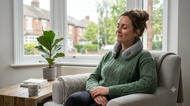 A person relaxing on a sofa at home, using a sleek, cordless wearable neck massager to relieve tension, demonstrating a comfortable and modern design. wearable neck massager