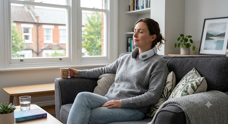 A candid, photorealistic image of a woman relaxing comfortably on a charcoal sofa in a modern British living room. She is wearing a grey knitted jumper and a white and grey wireless neck massager, which is softly illuminated. A traditional sash window with a view of red-brick terraced houses is in the background. wireless neck massager