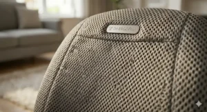 A close-up detail shot of the high-quality, breathable fabric used on the massage cushion with branded trim.