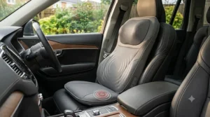 Vibrating massage cushion strapped securely to a car seat for comfortable commuting