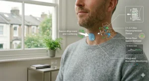 Technical view of a neck traction device highlighting device alignment, C1-C7 disc decompression, and integrated biometric monitoring.