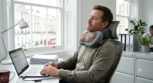Stressed commuter in a stationary car using a portable travel massage pillow to relieve tension in their neck and shoulders.