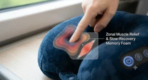 A lightweight, compact travel massage pillow strapped to the handle of a carry-on suitcase, demonstrating easy portability for weekend breaks.